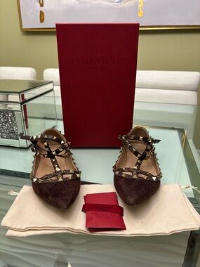 Authentic Valentino Brown Suede Rockstud Caged Pointed-Toe Flats
